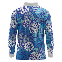Blue Aloha Hawaiian Long Sleeve Polo Shirt Monstera Hibiscus Tropical Pattern LT19 - Polynesian Pride