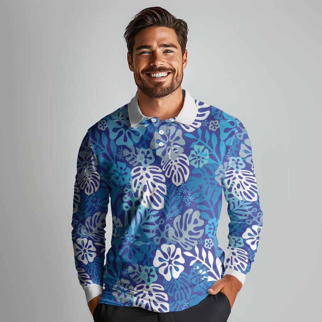 Blue Aloha Hawaiian Long Sleeve Polo Shirt Monstera Hibiscus Tropical Pattern LT19 - Polynesian Pride