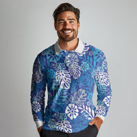 Blue Aloha Hawaiian Long Sleeve Polo Shirt Monstera Hibiscus Tropical Pattern LT19 - Polynesian Pride