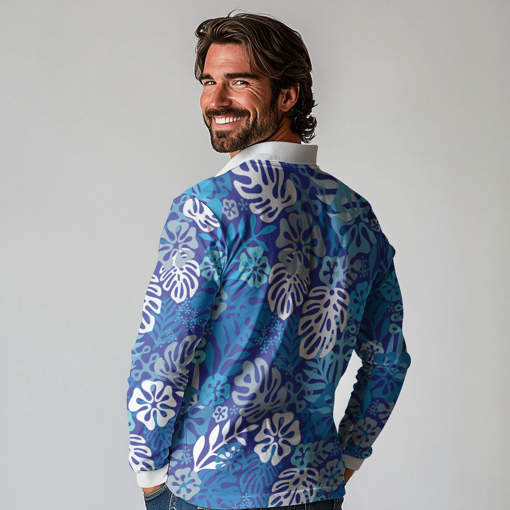 Blue Aloha Hawaiian Long Sleeve Polo Shirt Monstera Hibiscus Tropical Pattern LT19 - Polynesian Pride
