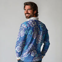Blue Aloha Hawaiian Long Sleeve Polo Shirt Monstera Hibiscus Tropical Pattern LT19 - Polynesian Pride