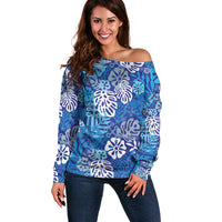 Blue Aloha Hawaiian Off Shoulder Sweater Monstera Hibiscus Tropical Pattern LT19 Women Blue - Polynesian Pride