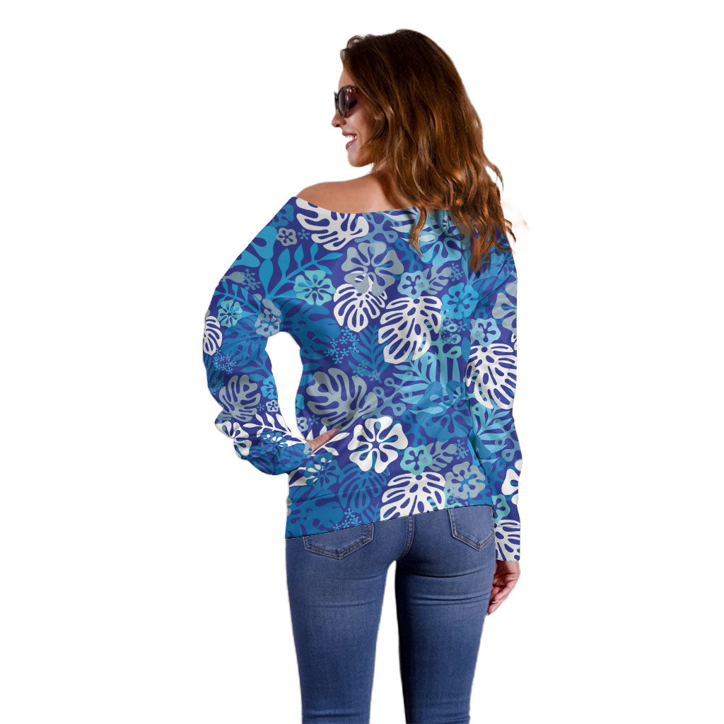 Blue Aloha Hawaiian Off Shoulder Sweater Monstera Hibiscus Tropical Pattern LT19 - Polynesian Pride