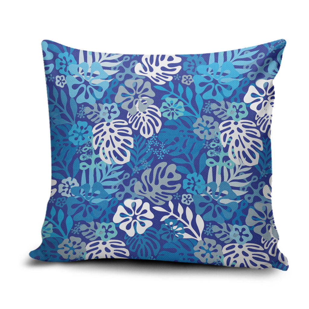 Blue Aloha Hawaiian Pillow Cover Monstera Hibiscus Tropical Pattern LT19 Blue - Polynesian Pride