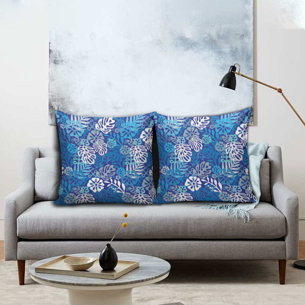 Blue Aloha Hawaiian Pillow Cover Monstera Hibiscus Tropical Pattern LT19 - Polynesian Pride