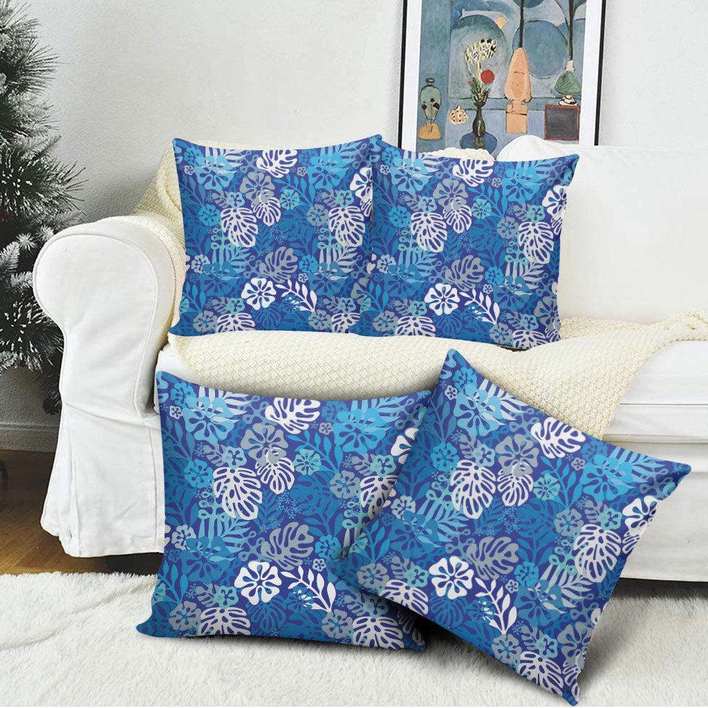 Blue Aloha Hawaiian Pillow Cover Monstera Hibiscus Tropical Pattern LT19 - Polynesian Pride