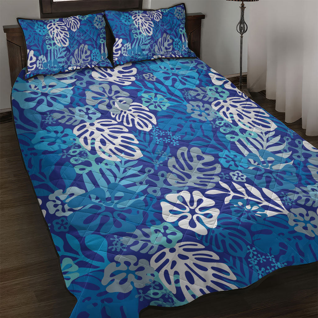 Blue Aloha Hawaiian Quilt Bed Set Monstera Hibiscus Tropical Pattern LT19 Blue - Polynesian Pride