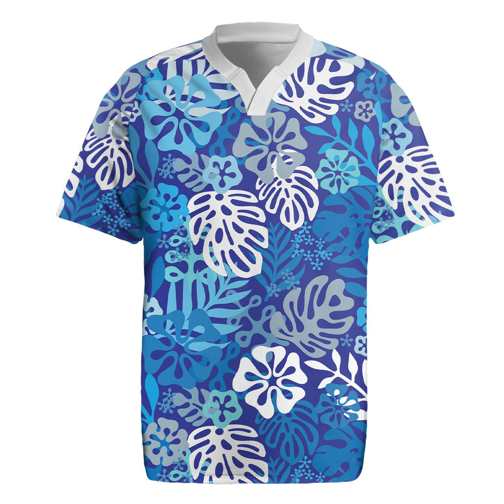 Blue Aloha Hawaiian Rugby Jersey Monstera Hibiscus Tropical Pattern LT19 Blue - Polynesian Pride