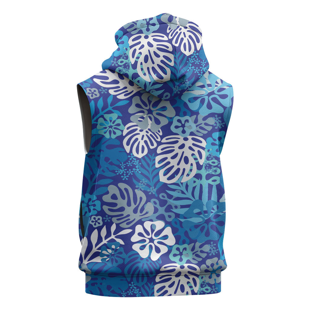 Blue Aloha Hawaiian Sleeveless Zip Hoodie Monstera Hibiscus Tropical Pattern LT19 - Polynesian Pride
