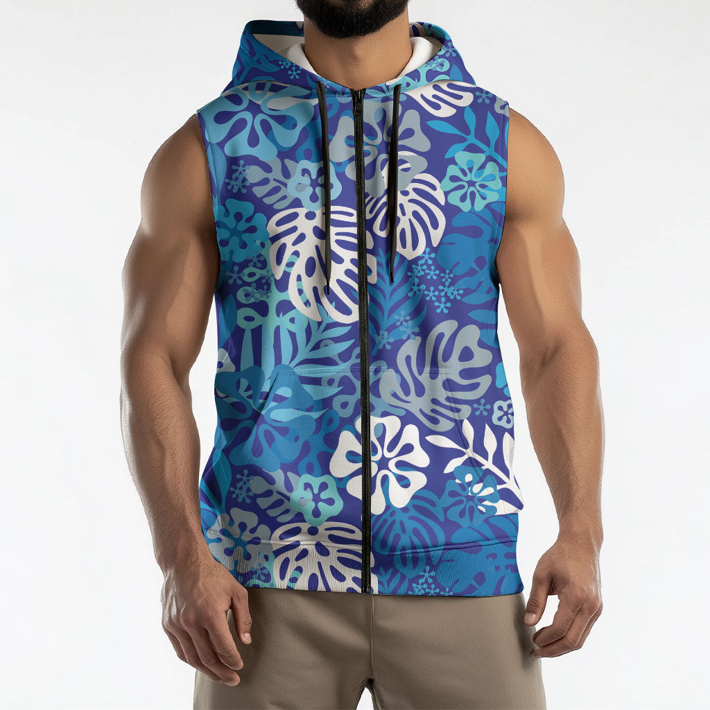 Blue Aloha Hawaiian Sleeveless Zip Hoodie Monstera Hibiscus Tropical Pattern LT19 - Polynesian Pride