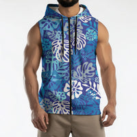 Blue Aloha Hawaiian Sleeveless Zip Hoodie Monstera Hibiscus Tropical Pattern LT19 - Polynesian Pride