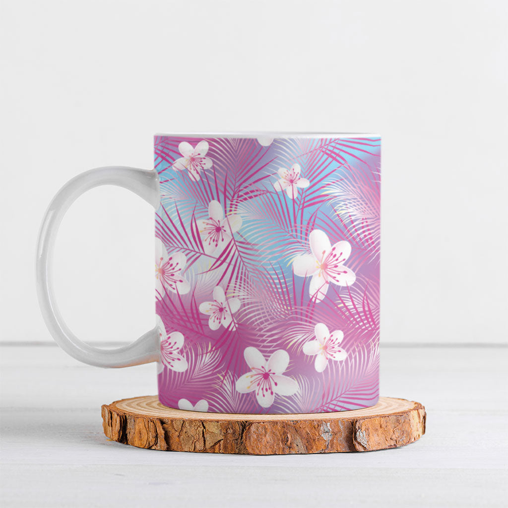 Pink Aloha Hawaiian Ceramic Mug Tropical Flower Palm Leaf Pattern LT19 Pink - Polynesian Pride