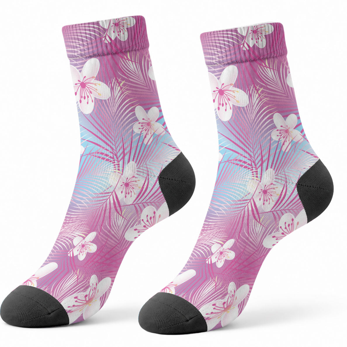 Pink Aloha Hawaiian Crew Socks Tropical Flower Palm Leaf Pattern LT19 - Polynesian Pride