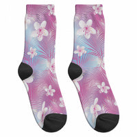 Pink Aloha Hawaiian Crew Socks Tropical Flower Palm Leaf Pattern LT19 - Polynesian Pride