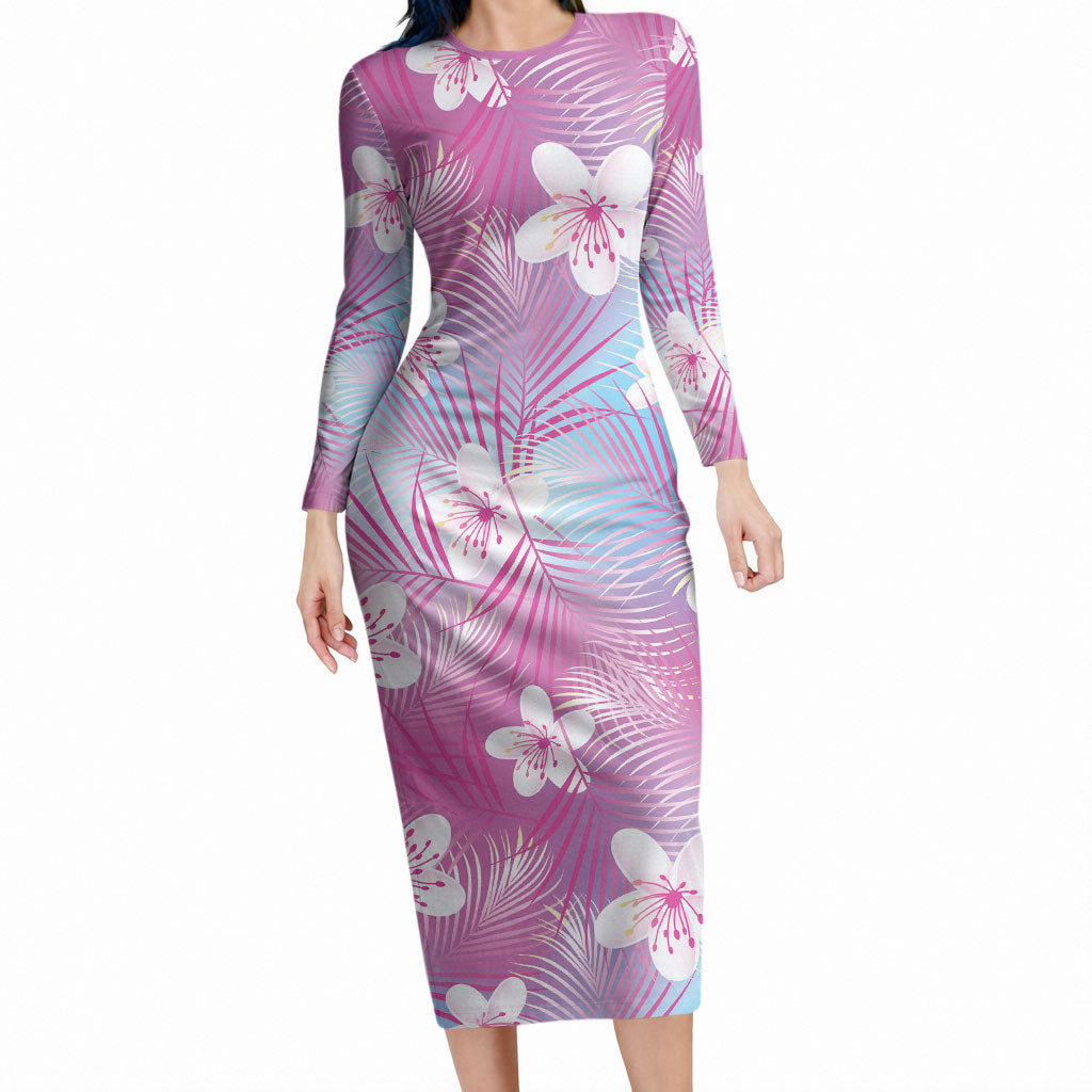 Pink Aloha Hawaiian Long Sleeve Bodycon Dress Tropical Flower Palm Leaf Pattern LT19 Long Dress Pink - Polynesian Pride