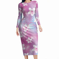 Pink Aloha Hawaiian Long Sleeve Bodycon Dress Tropical Flower Palm Leaf Pattern LT19 Long Dress Pink - Polynesian Pride