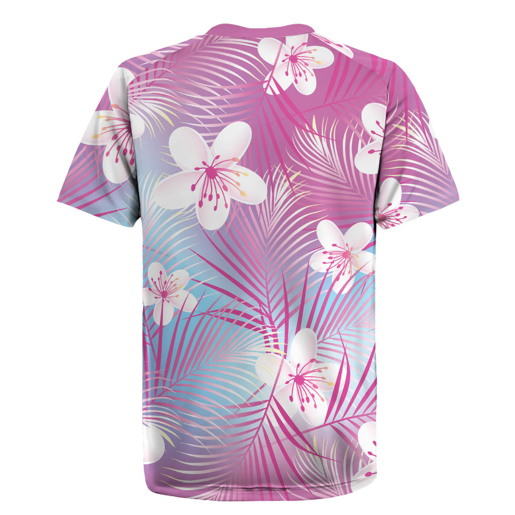 Pink Aloha Hawaiian Rugby Jersey Tropical Flower Palm Leaf Pattern LT19 - Polynesian Pride