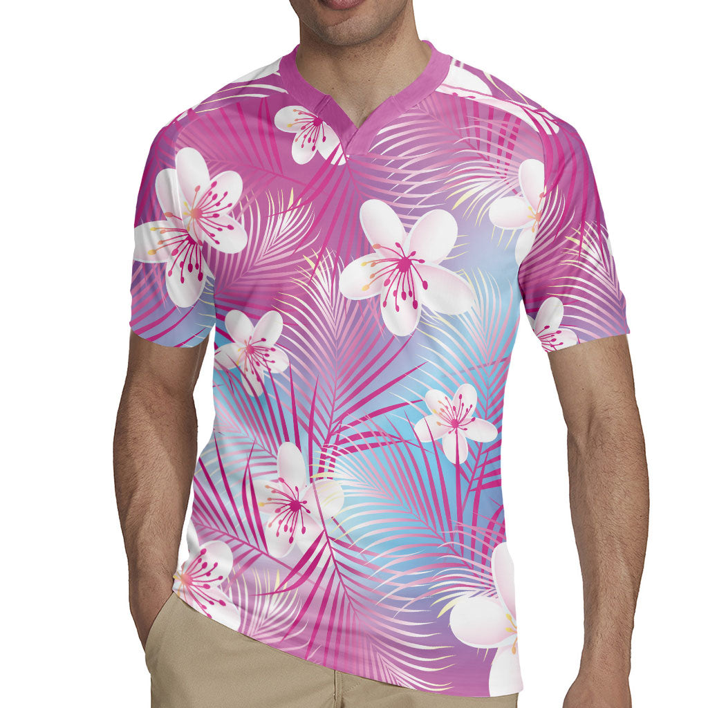 Pink Aloha Hawaiian Rugby Jersey Tropical Flower Palm Leaf Pattern LT19 - Polynesian Pride
