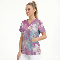 Pink Aloha Hawaiian Scrub Top Tropical Flower Palm Leaf Pattern LT19 - Polynesian Pride
