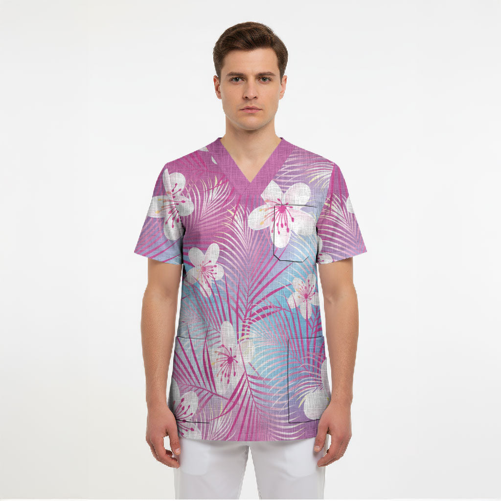Pink Aloha Hawaiian Scrub Top Tropical Flower Palm Leaf Pattern LT19 - Polynesian Pride