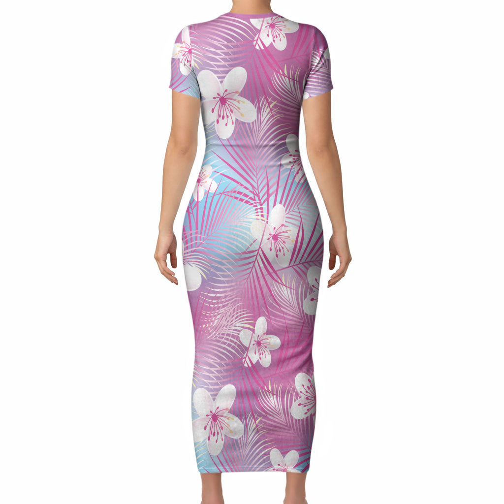 Pink Aloha Hawaiian Short Sleeve Bodycon Dress Tropical Flower Palm Leaf Pattern LT19 - Polynesian Pride