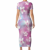 Pink Aloha Hawaiian Short Sleeve Bodycon Dress Tropical Flower Palm Leaf Pattern LT19 - Polynesian Pride