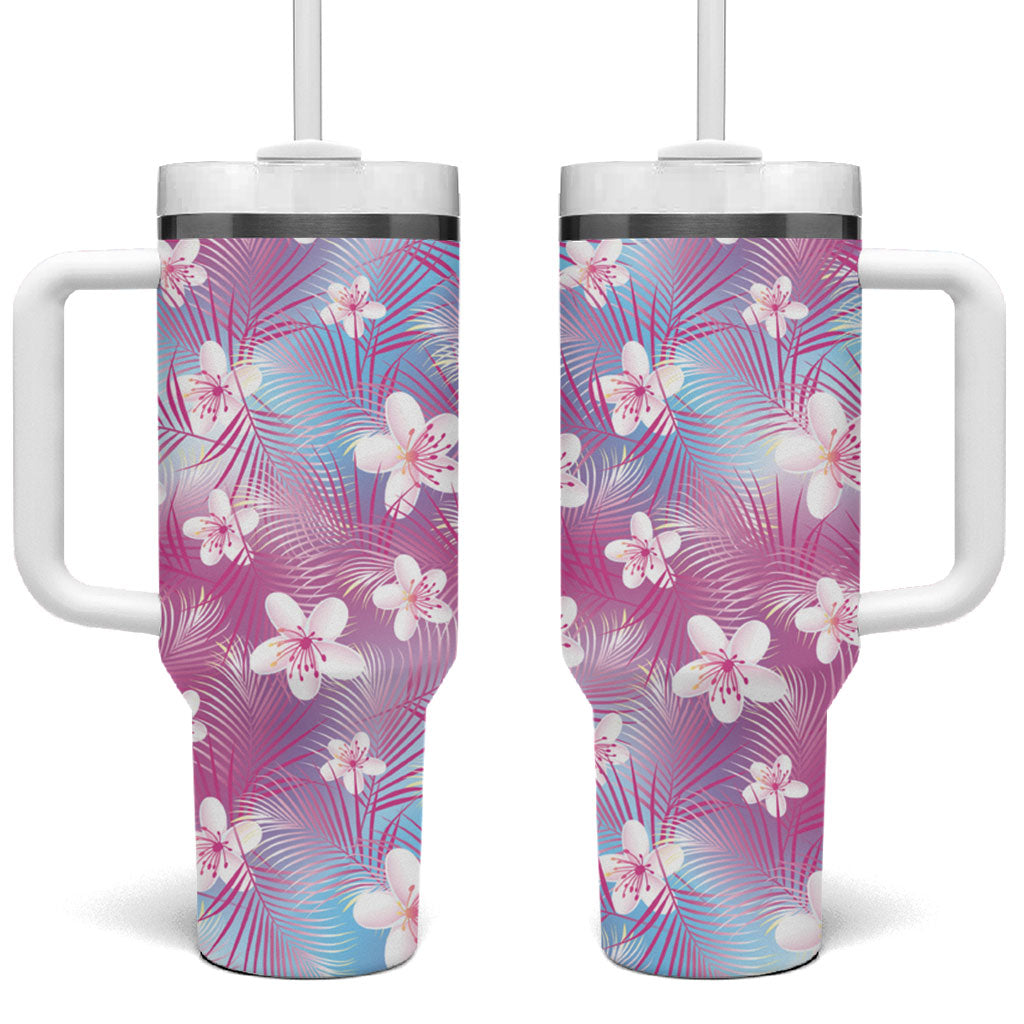 Pink Aloha Hawaiian Tumbler With Handle Tropical Flower Palm Leaf Pattern LT19 One Size: 40 oz Pink - Polynesian Pride