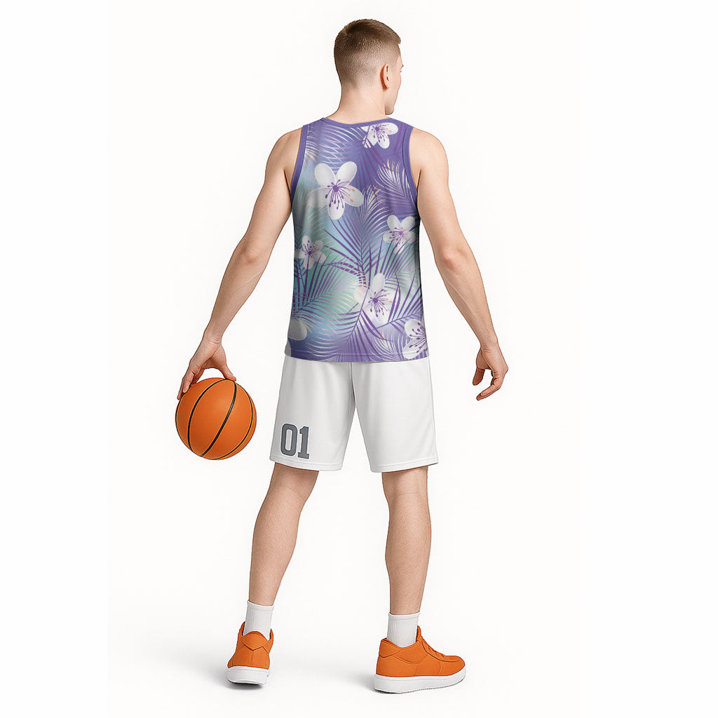 Purple Aloha Hawaiian Basketball Jersey Tropical Flower Palm Leaf Pattern LT19 - Polynesian Pride