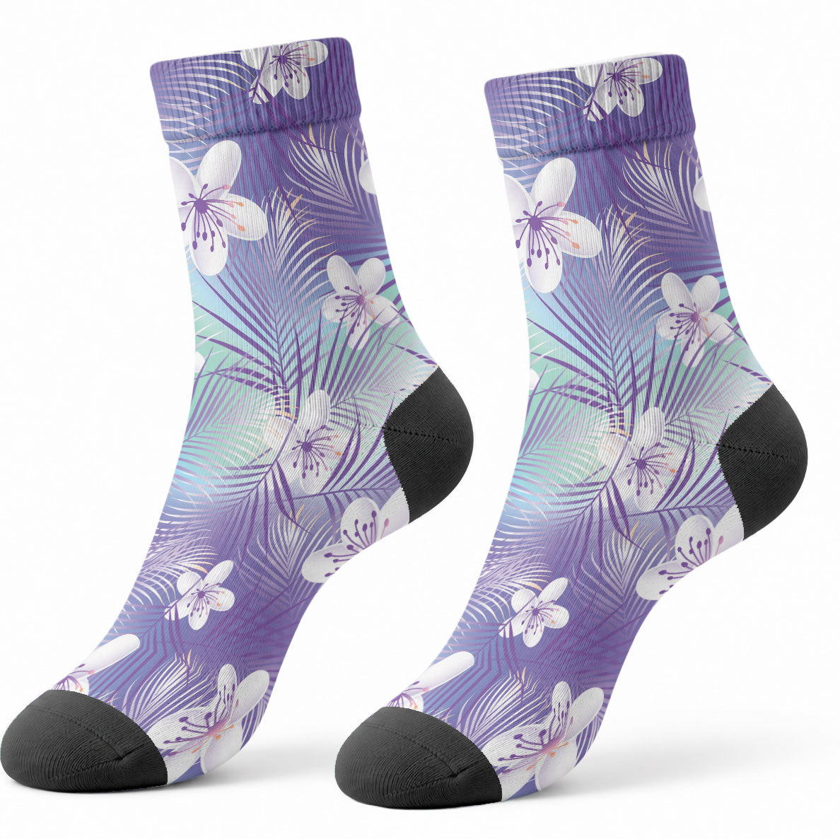 Purple Aloha Hawaiian Crew Socks Tropical Flower Palm Leaf Pattern LT19 - Polynesian Pride