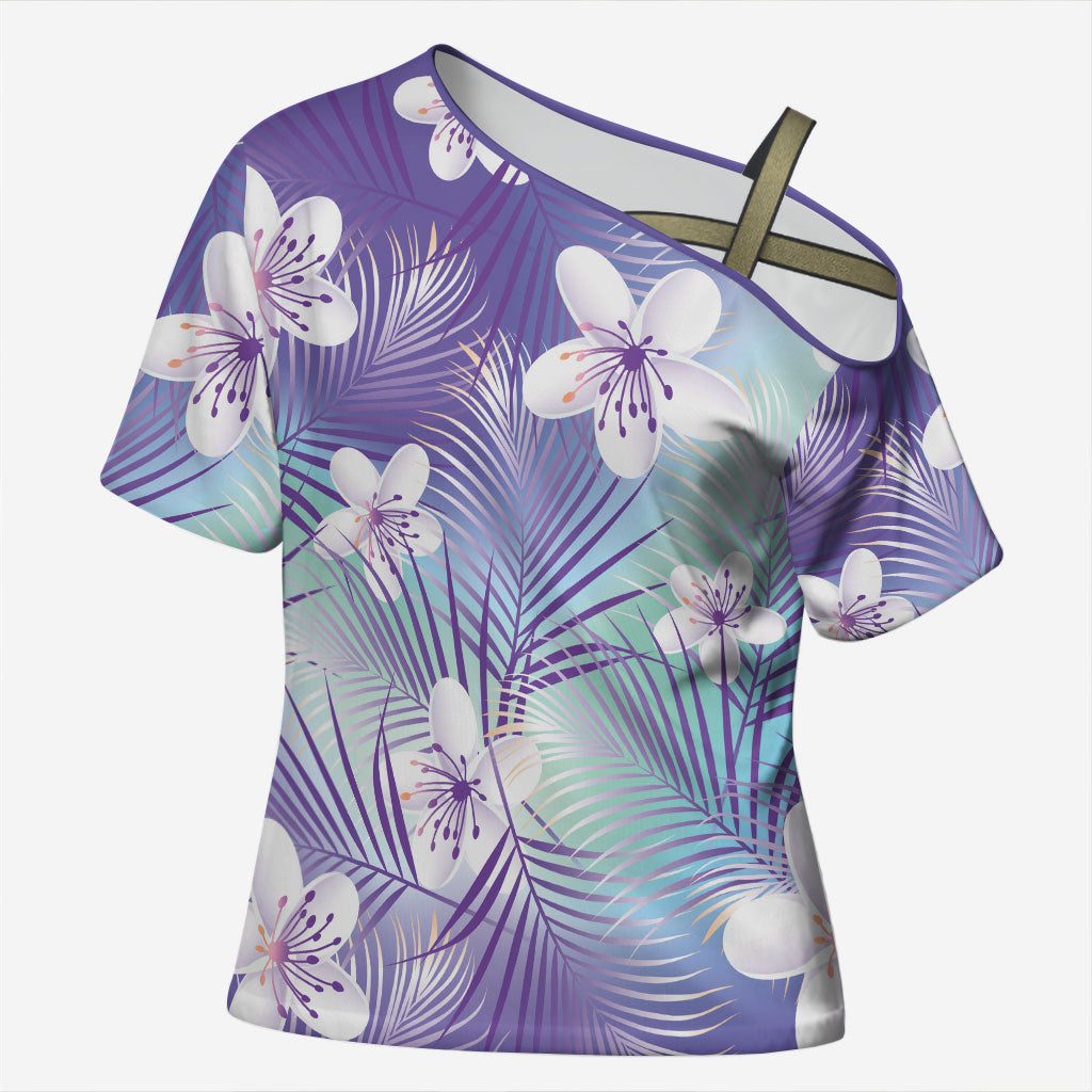Purple Aloha Hawaiian Cross Shoulder Shirt Tropical Flower Palm Leaf Pattern LT19 Female Purple - Polynesian Pride