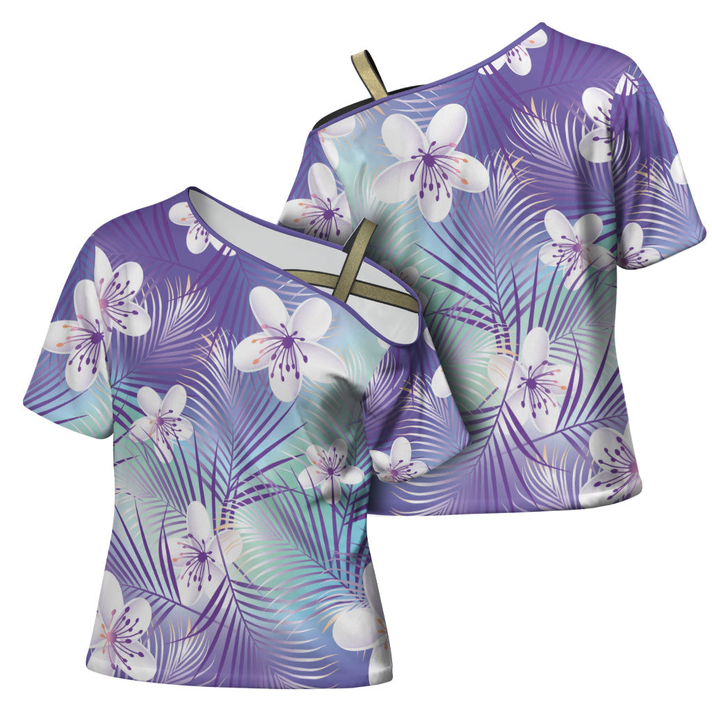Purple Aloha Hawaiian Cross Shoulder Shirt Tropical Flower Palm Leaf Pattern LT19 - Polynesian Pride