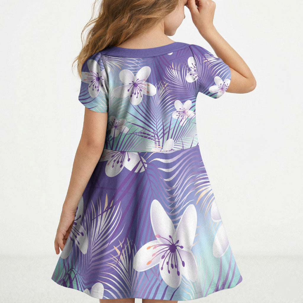 Purple Aloha Hawaiian Kid Short Sleeve Dress Tropical Flower Palm Leaf Pattern LT19 - Polynesian Pride
