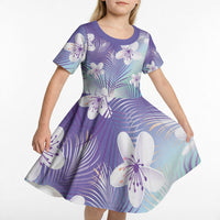 Purple Aloha Hawaiian Kid Short Sleeve Dress Tropical Flower Palm Leaf Pattern LT19 - Polynesian Pride