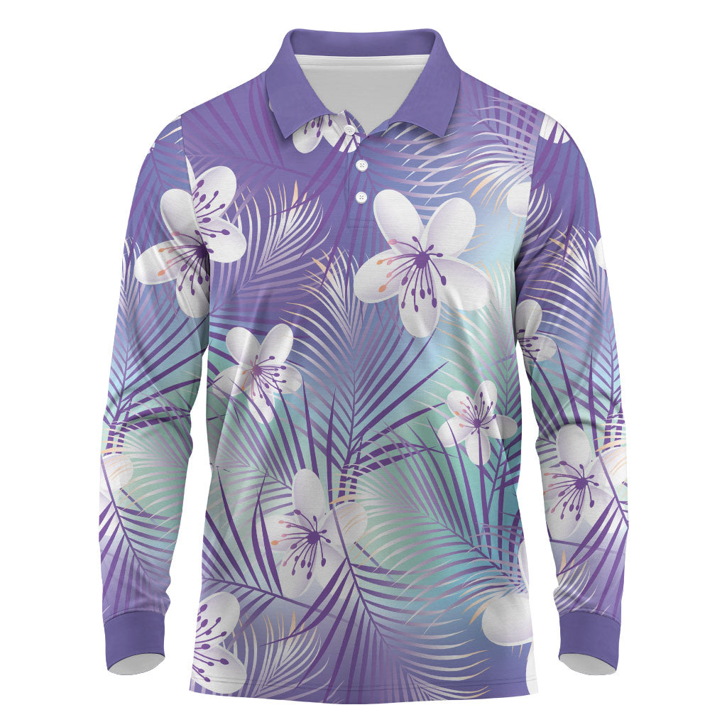 Purple Aloha Hawaiian Long Sleeve Polo Shirt Tropical Flower Palm Leaf Pattern LT19 Purple - Polynesian Pride