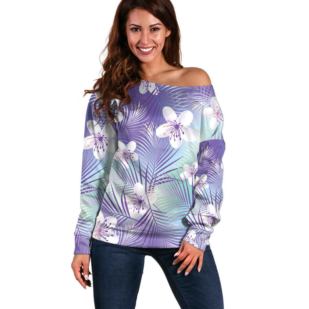 Purple Aloha Hawaiian Off Shoulder Sweater Tropical Flower Palm Leaf Pattern LT19 Women Purple - Polynesian Pride
