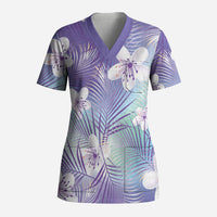 Purple Aloha Hawaiian Scrub Top Tropical Flower Palm Leaf Pattern LT19 Adult Purple - Polynesian Pride