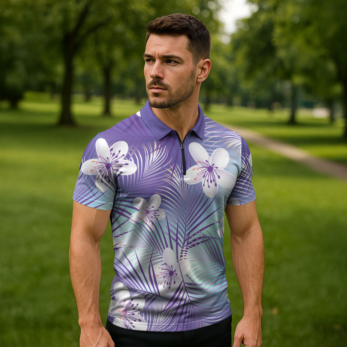 Purple Aloha Hawaiian Zipper Polo Shirt Tropical Flower Palm Leaf Pattern LT19 - Polynesian Pride