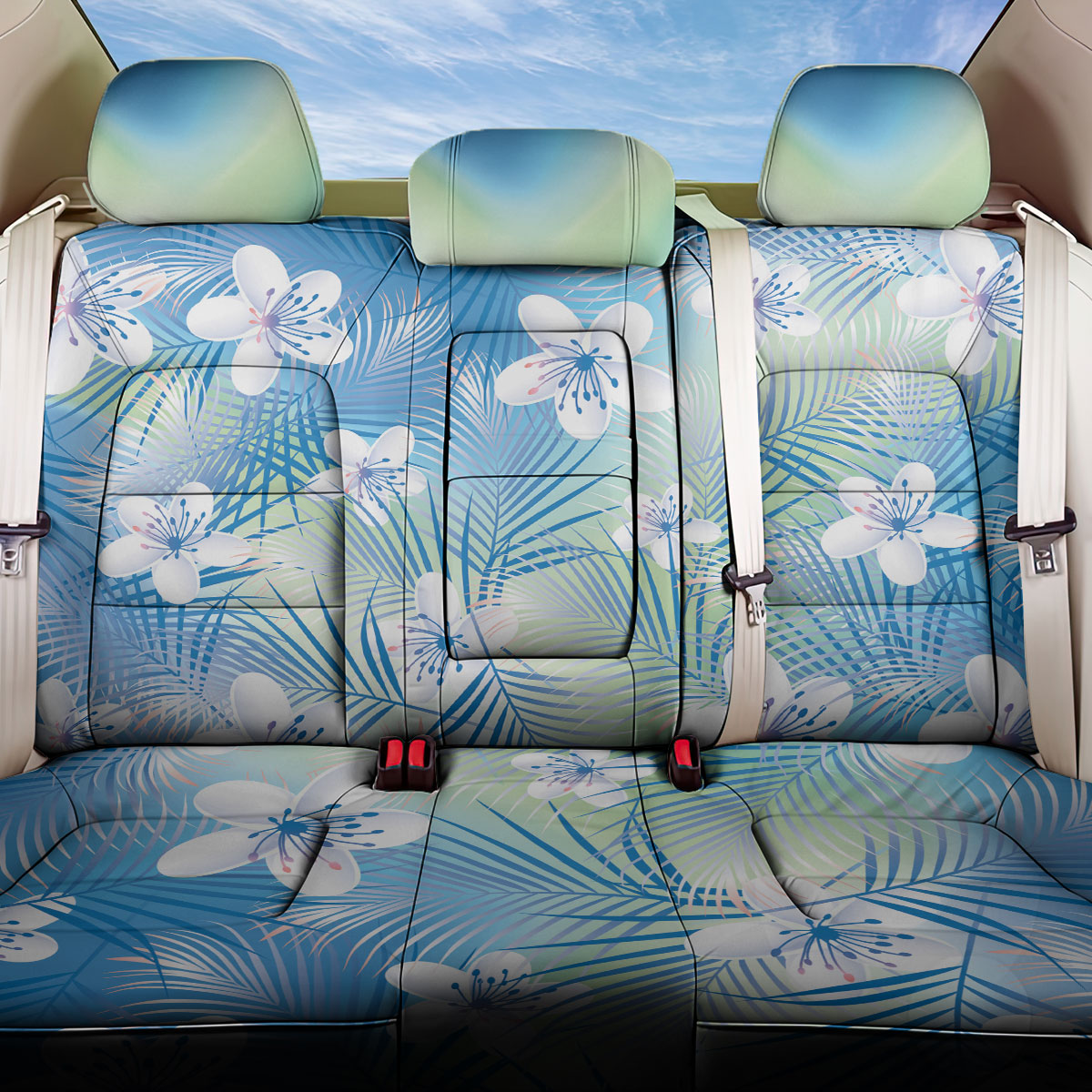 Blue Aloha Hawaiian Back Car Seat Cover Tropical Flower Palm Leaf Pattern LT19 One Size Blue - Polynesian Pride