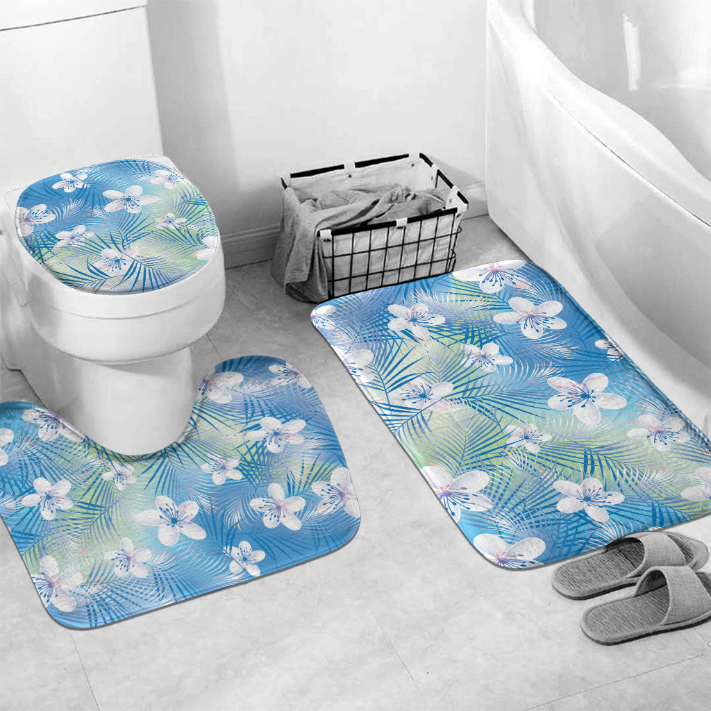 Blue Aloha Hawaiian Bathroom Set Tropical Flower Palm Leaf Pattern LT19 Mat Set Only (3 pcs) One Size Blue - Polynesian Pride