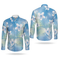 Blue Aloha Hawaiian Couples Matching Summer Maxi Dress and Long Sleeve Button Shirt Tropical Flower Palm Leaf Pattern LT19 - Polynesian Pride