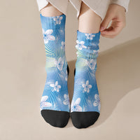 Blue Aloha Hawaiian Crew Socks Tropical Flower Palm Leaf Pattern LT19 Crew Socks Blue - Polynesian Pride