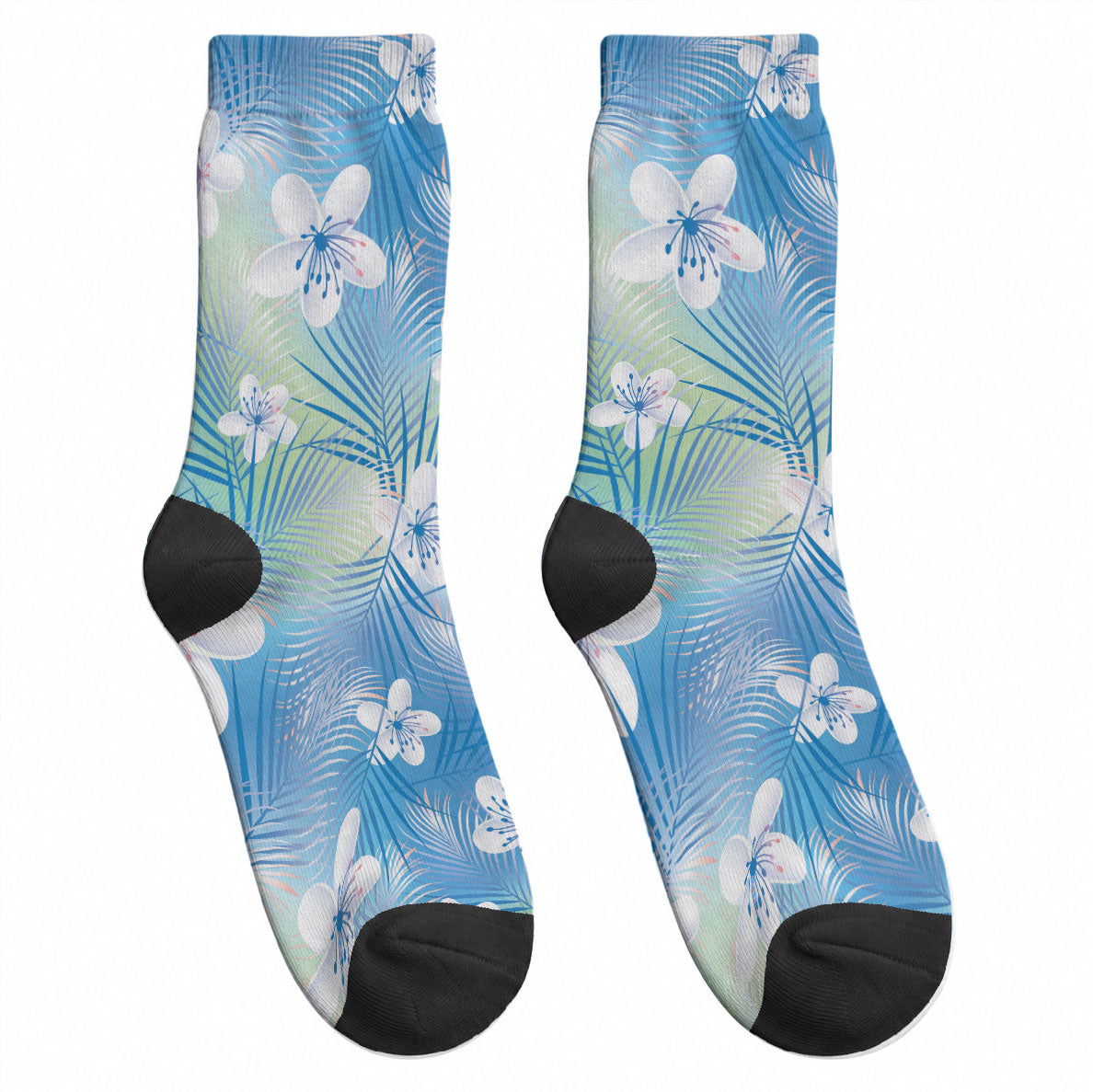 Blue Aloha Hawaiian Crew Socks Tropical Flower Palm Leaf Pattern LT19 - Polynesian Pride