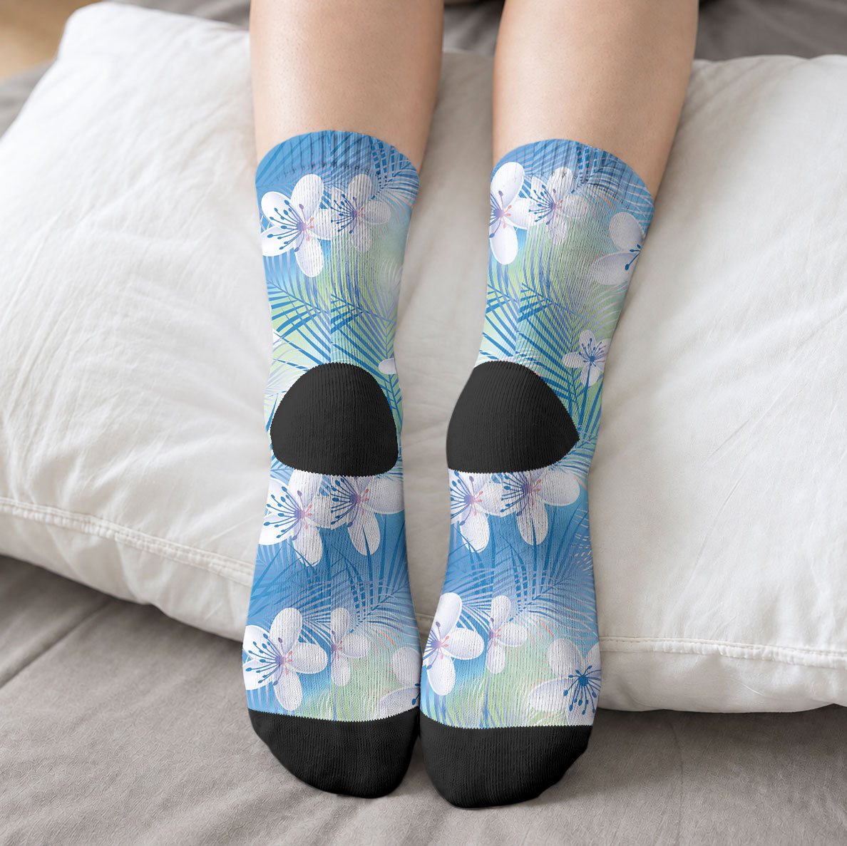 Blue Aloha Hawaiian Crew Socks Tropical Flower Palm Leaf Pattern LT19 - Polynesian Pride
