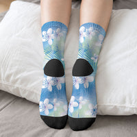 Blue Aloha Hawaiian Crew Socks Tropical Flower Palm Leaf Pattern LT19 - Polynesian Pride
