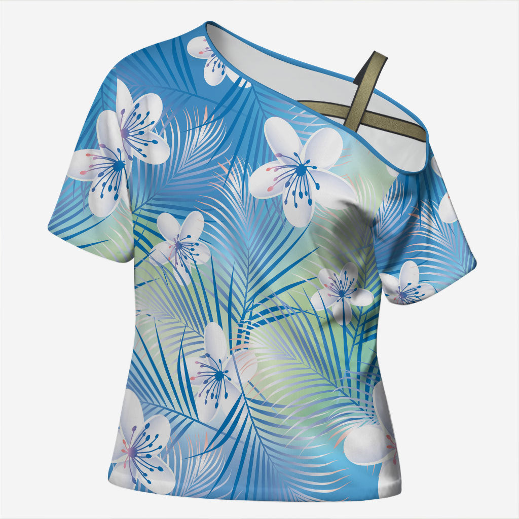 Blue Aloha Hawaiian Cross Shoulder Shirt Tropical Flower Palm Leaf Pattern LT19 Female Blue - Polynesian Pride