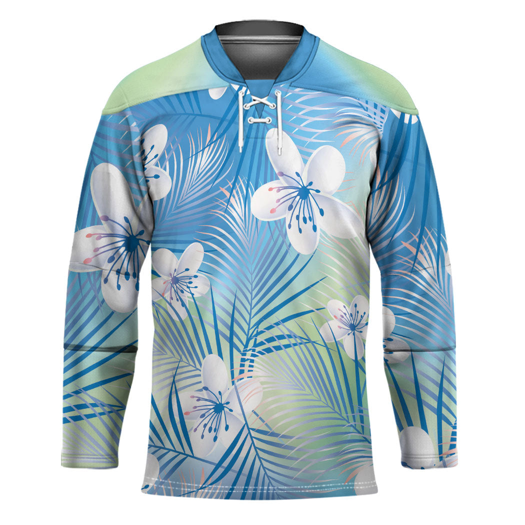 Blue Aloha Hawaiian Hockey Jersey Tropical Flower Palm Leaf Pattern LT19 Unisex Blue - Polynesian Pride