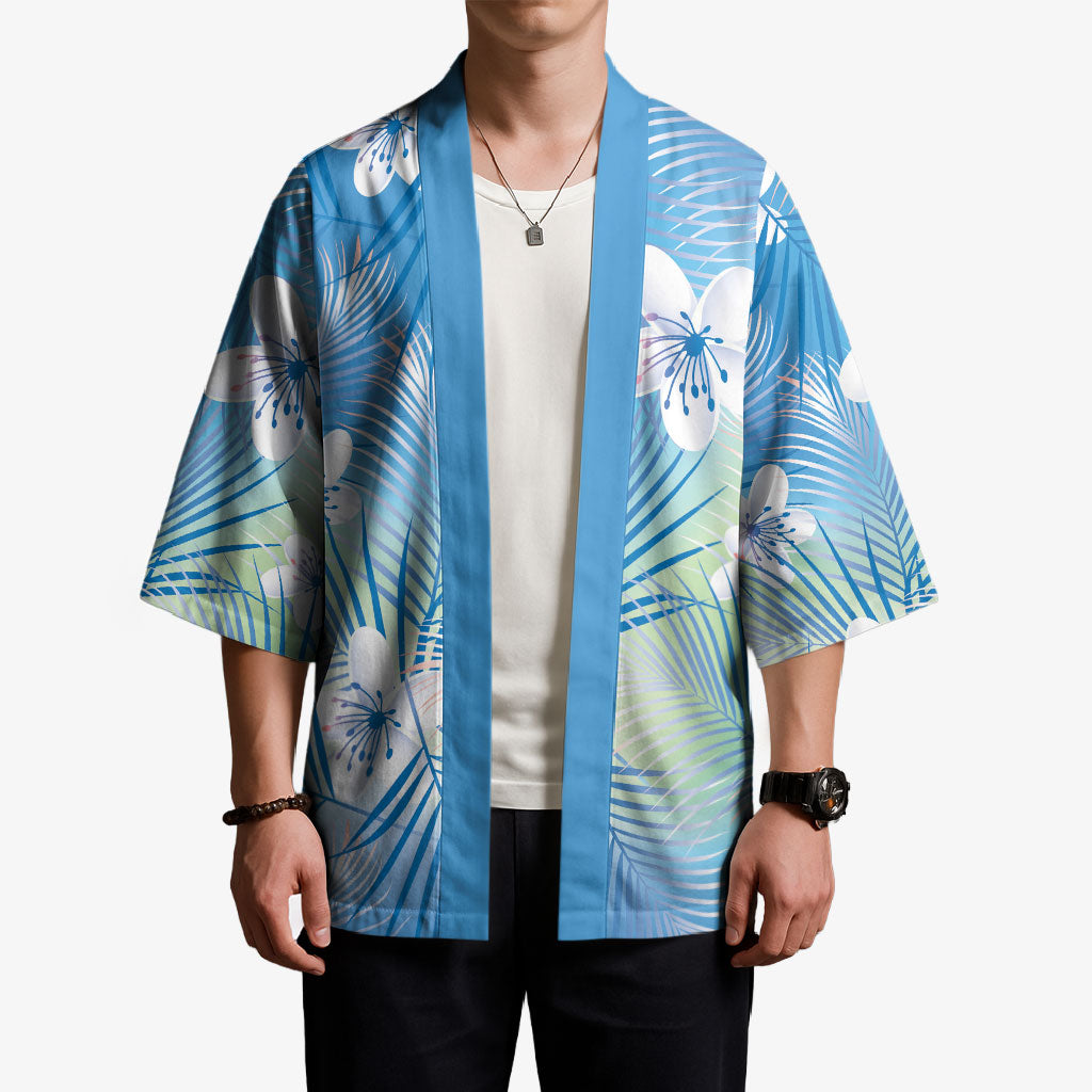 Blue Aloha Hawaiian Kimono Tropical Flower Palm Leaf Pattern LT19 - Polynesian Pride