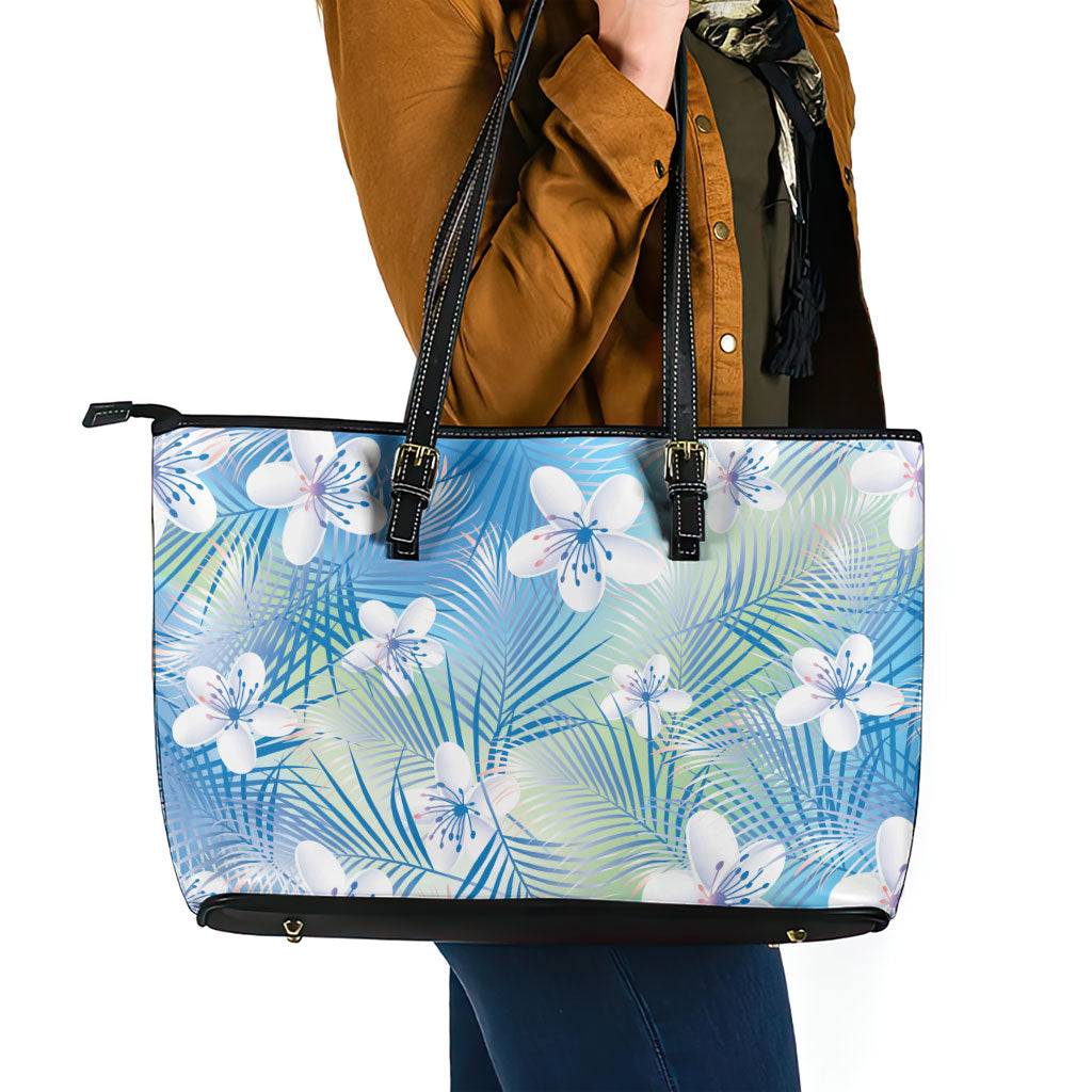 Blue Aloha Hawaiian Leather Tote Bag Tropical Flower Palm Leaf Pattern LT19 - Polynesian Pride