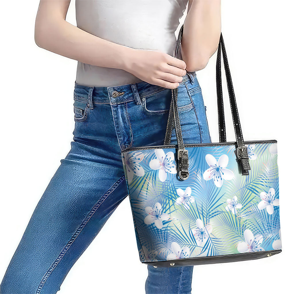Blue Aloha Hawaiian Leather Tote Bag Tropical Flower Palm Leaf Pattern LT19 - Polynesian Pride