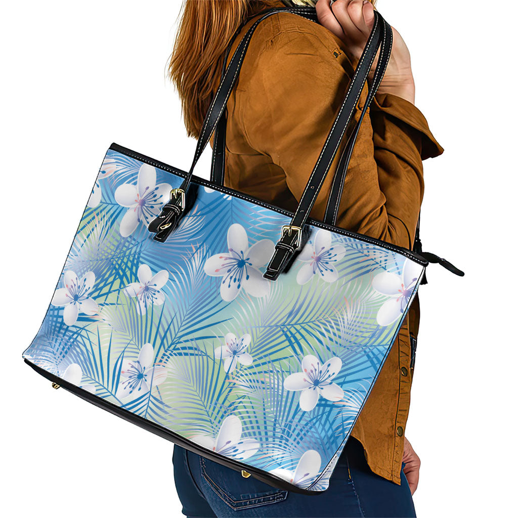 Blue Aloha Hawaiian Leather Tote Bag Tropical Flower Palm Leaf Pattern LT19 - Polynesian Pride